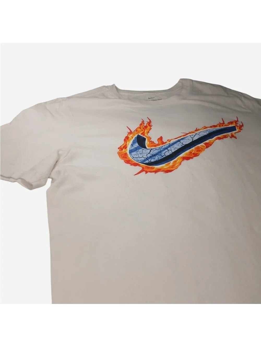 Nike The Nike Tee Large L White Graphic T-Shirt Blue Flame Fire Big Swoosh Logo